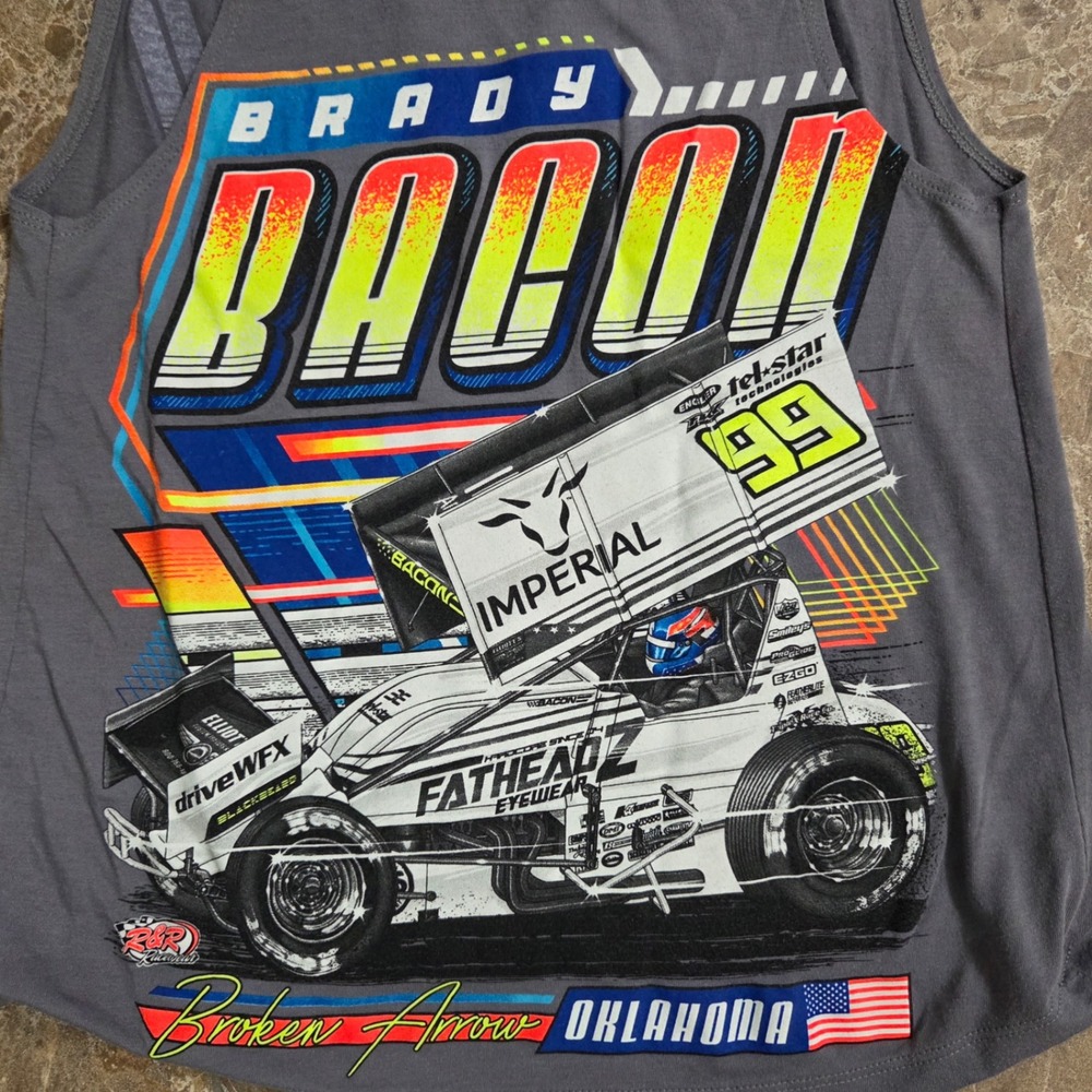 Brady Bacon 99 Racing Tank Top Graphic Shirt Women's Medium Sleeveless Shirt